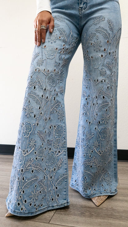 Valentina Embroidered Wide leg JEANS – Sparkly High Waisted Denim "32 inseam