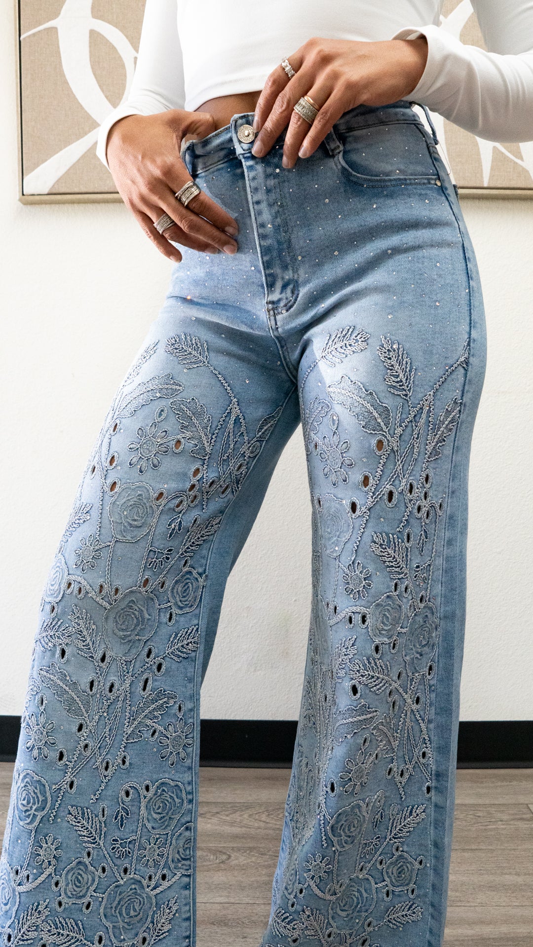 Valentina Embroidered Wide leg JEANS – Sparkly High Waisted Denim "32 inseam