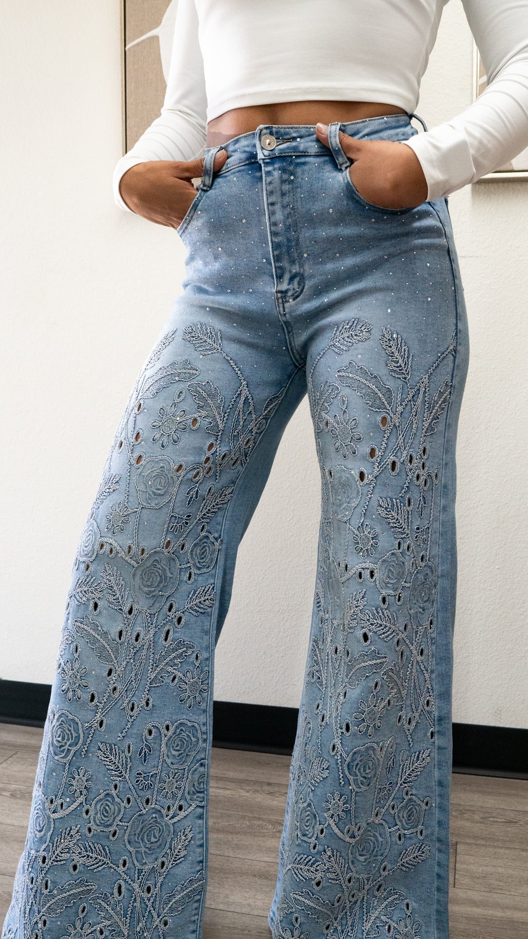 Valentina Embroidered Wide leg JEANS – Sparkly High Waisted Denim "32 inseam