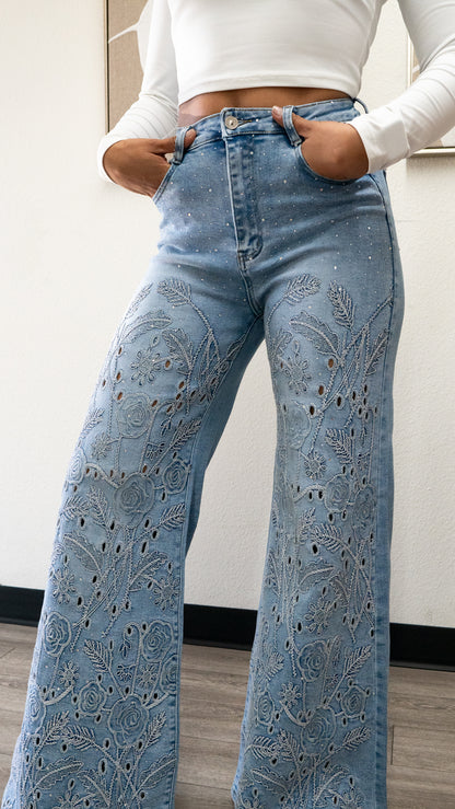 Valentina Embroidered Wide leg JEANS – Sparkly High Waisted Denim "32 inseam