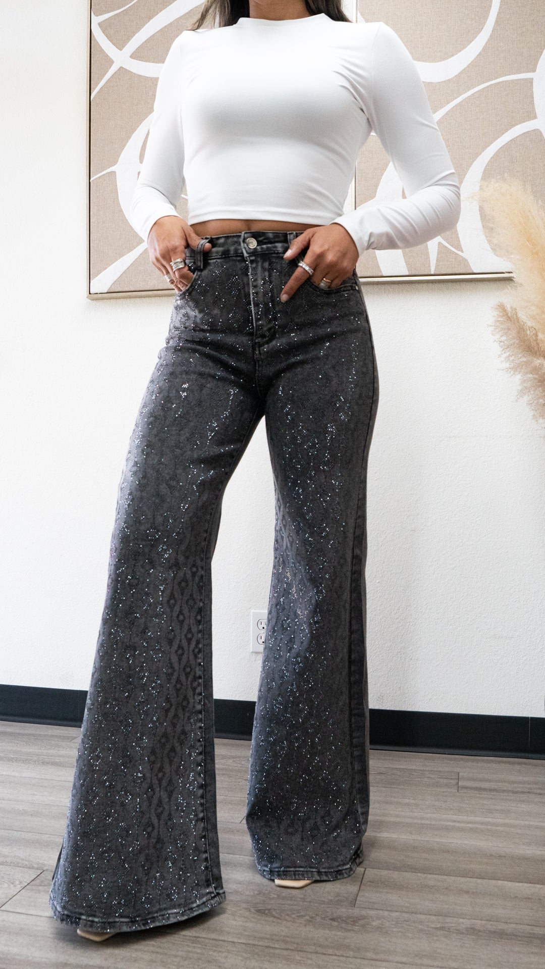 Camille  Charcoal rhinestone Sparkly High Waisted Jeans "31 inseam