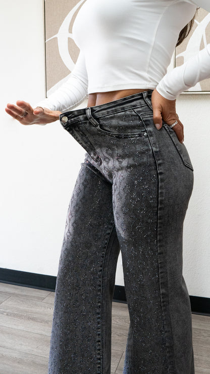 Camille  Charcoal rhinestone Sparkly High Waisted Jeans "31 inseam