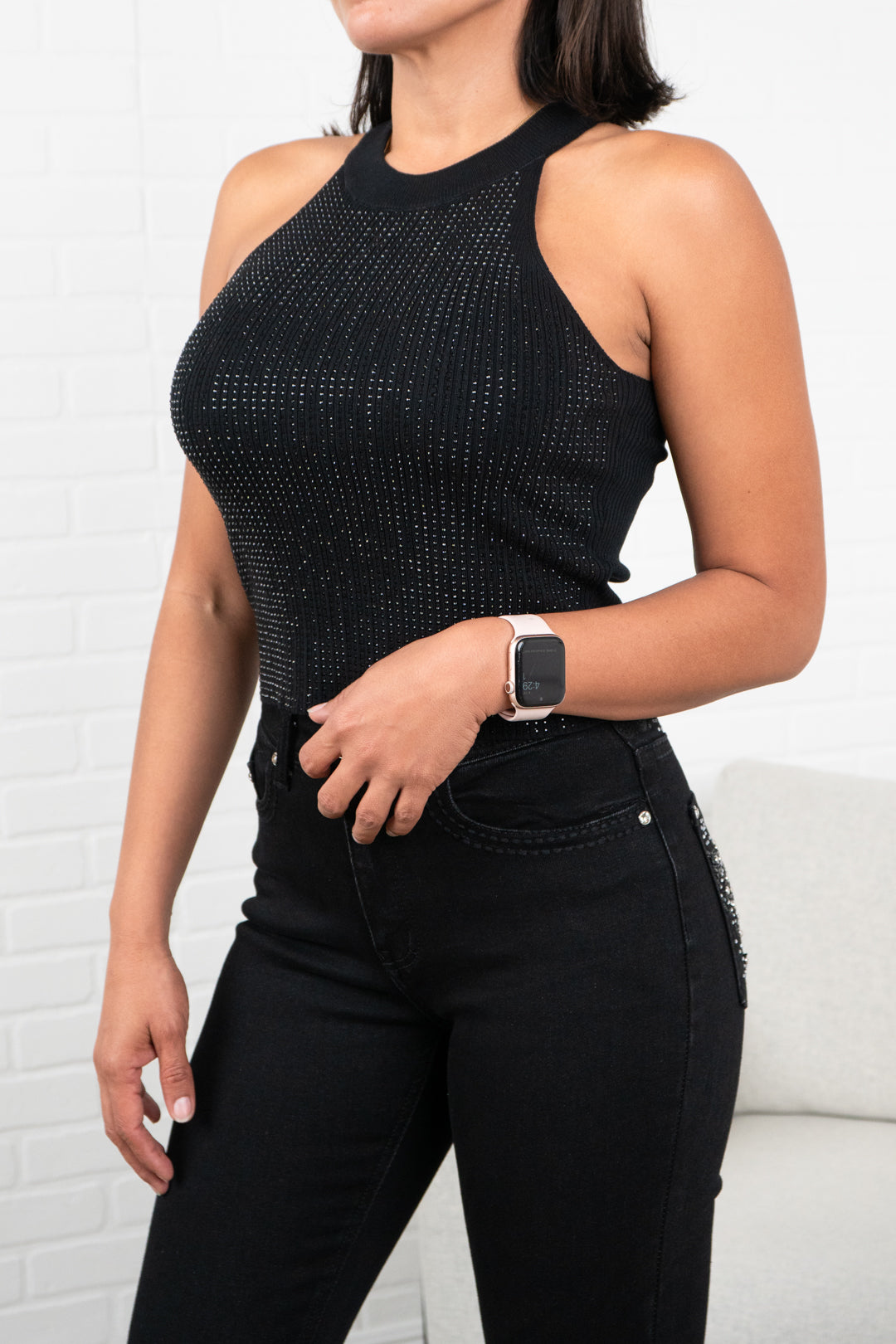 Alina Sleeveless Rhinestone Top – Women’s Sparkly Tank, Slim Fit Party & Going-Out Top