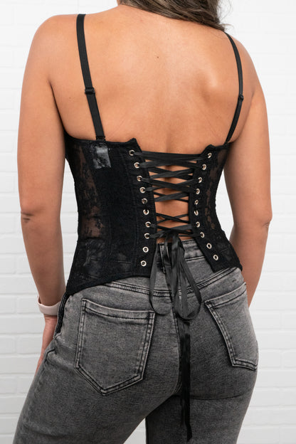 Alina Lace Peplum Corset Top with adjustable lace-up back, straps and bra cups.