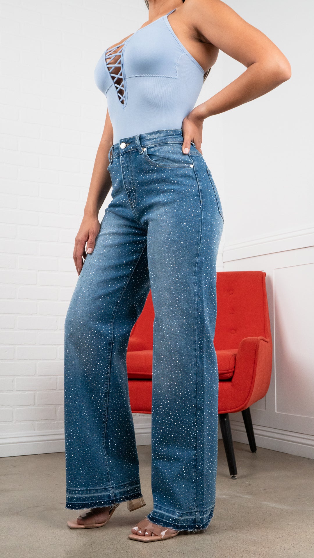 Elena Rhinestone Straight JEANS – Raw-hem Denim 31" Inseam