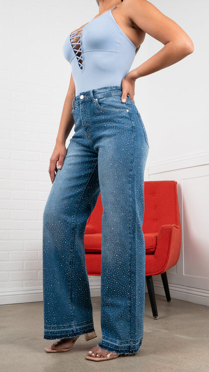 Elena Rhinestone Straight JEANS – Raw-hem Denim 31" Inseam
