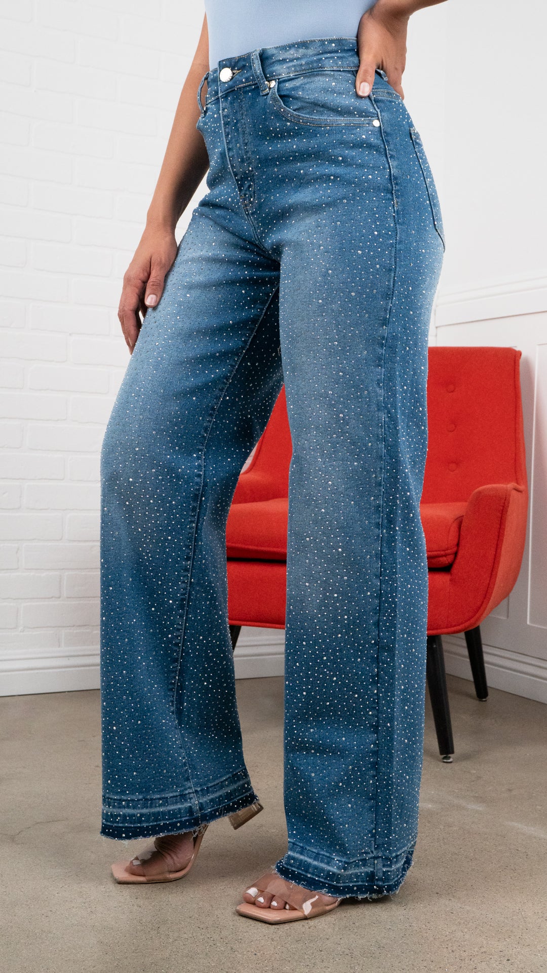 Elena Rhinestone Straight JEANS – Raw-hem Denim 31" Inseam
