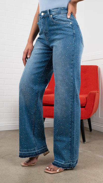 Elena Rhinestone Straight JEANS – Raw-hem Denim 31" Inseam