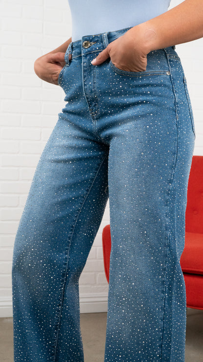 Elena Rhinestone Straight JEANS – Raw-hem Denim 31" Inseam