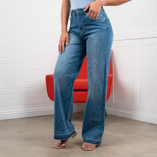 Elena Rhinestone Straight JEANS – Raw-hem Denim 31" Inseam