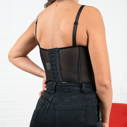 Lorena Lace Corset Top with adjustable straps and bra cups.