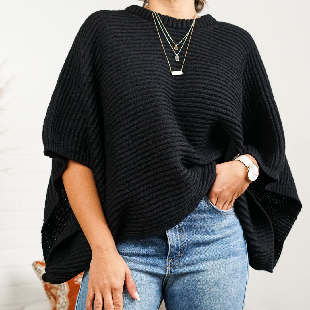 Brooke Ribbed Knit Sleeve Poncho | Black