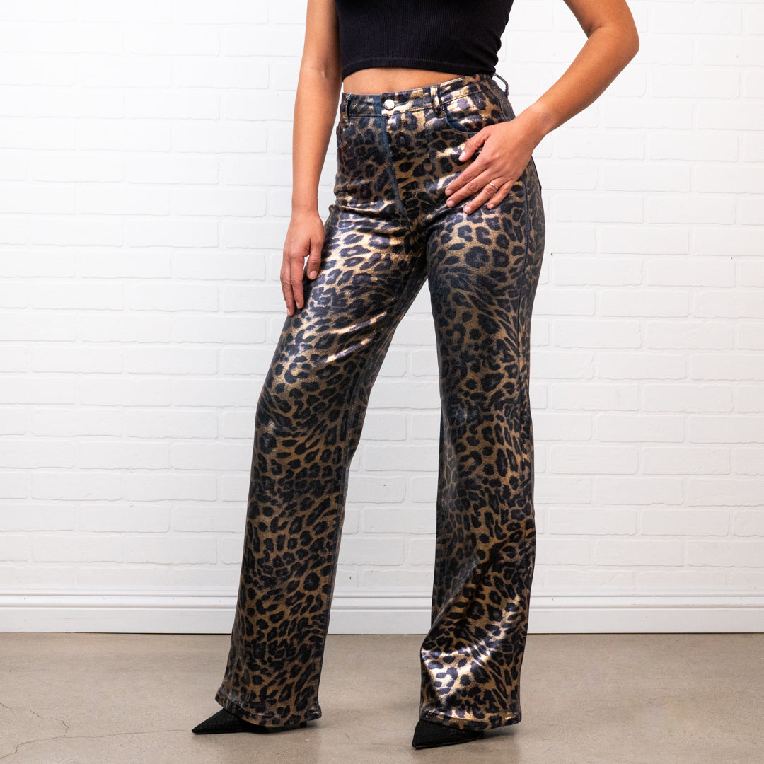 Kristine Leopard Print Jeans – High Waisted 70s Retro Straight Leg Den ...