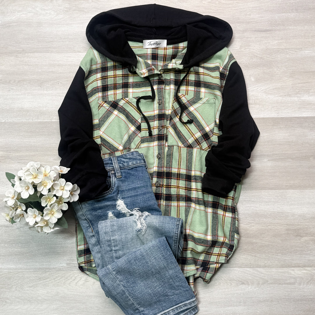 Comfy Brooke Oversized Hooded Flannel Two-Tone Sleeves comfy flannel Plaid