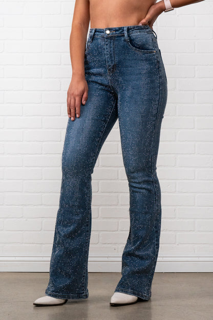 Evelyn Rhinestone Flair bottom Jeans – Sparkly High Waisted Denim, Boho Western Style