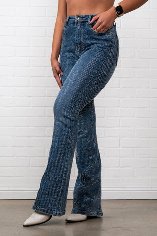 Evelyn Rhinestone Flair bottom Jeans – Sparkly High Waisted Denim, Boho Western Style