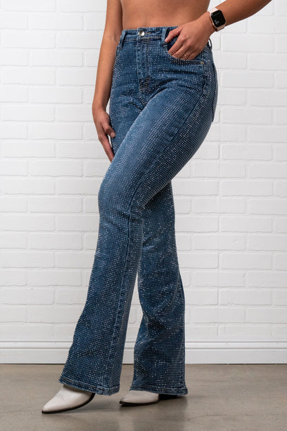 Evelyn Rhinestone Flair bottom Jeans – Sparkly High Waisted Denim, Boho Western Style