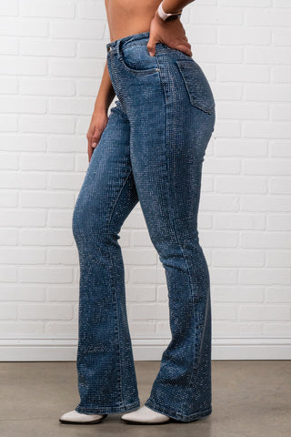 Evelyn Rhinestone Flair bottom Jeans – Sparkly High Waisted Denim, Boho Western Style