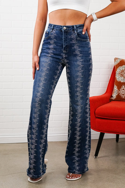 Shelby Rhinestone Straight-Leg Jeans – Sparkly High Waisted Denim, Boho Western Style