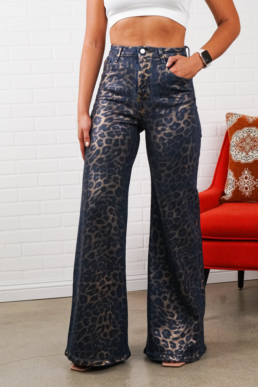 Kris Leopard Print Flare Jeans – High Waisted 70s Retro Style Bell Bottom Denim