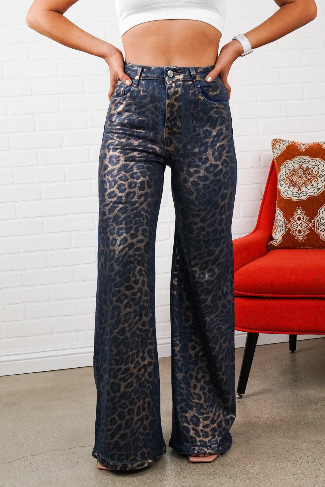 Kris Leopard Print Flare Jeans – High Waisted 70s Retro Style Bell Bottom Denim
