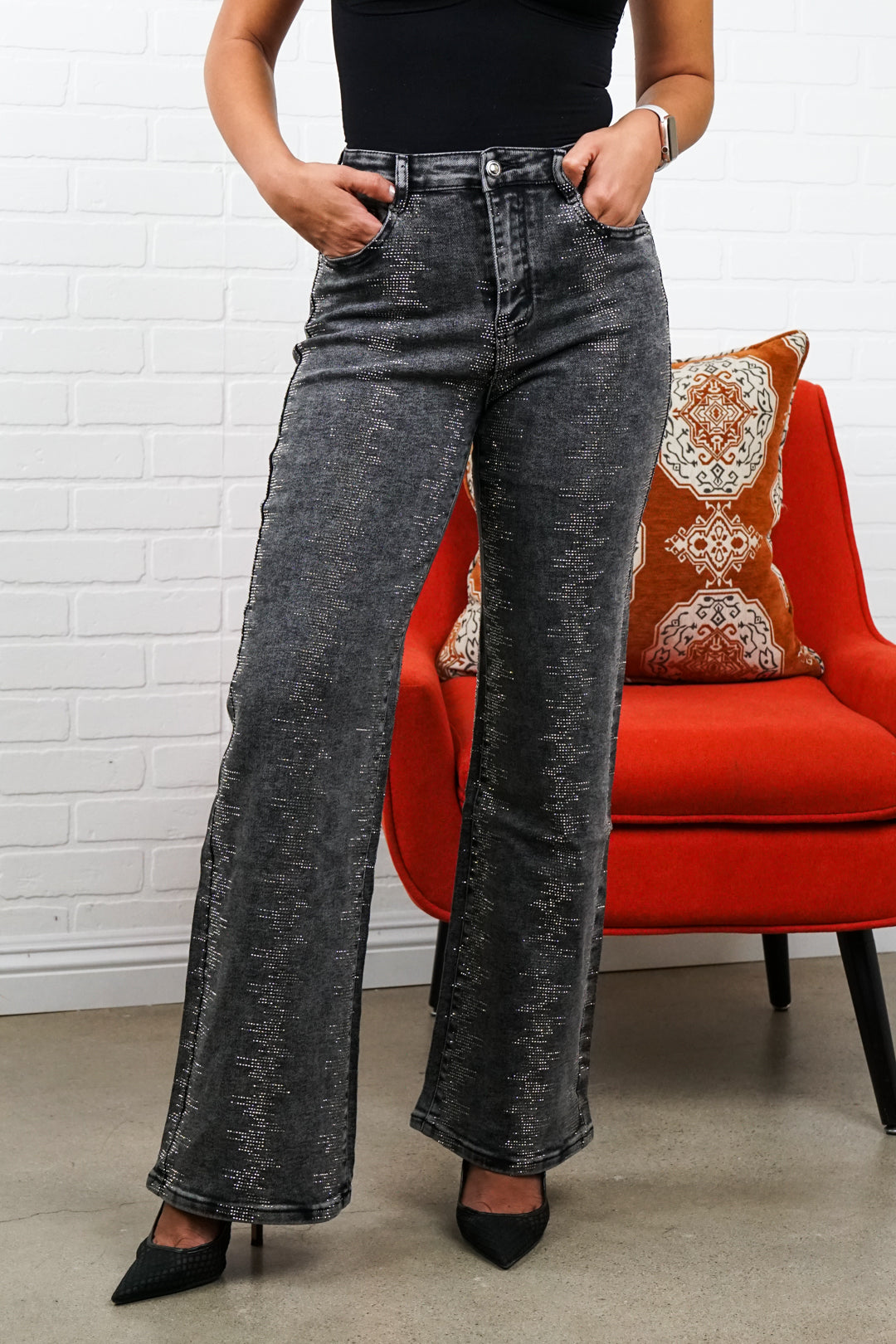 Shelby Rhinestone Straight-Leg Jeans – Sparkly High Waisted Denim, Boho Western Style