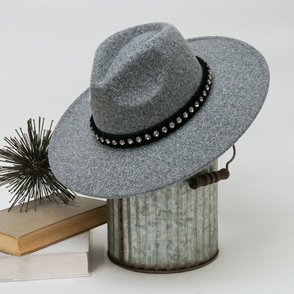 Effortless Style – Wide Brim Fedora Hat with Rhinestones Band