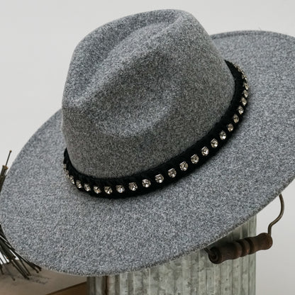 Effortless Style – Wide Brim Fedora Hat with Rhinestones Band