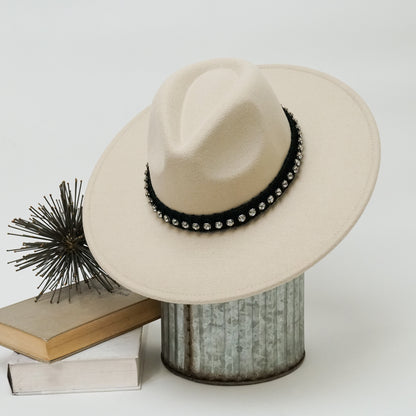 Effortless Style – Wide Brim Fedora Hat with Rhinestones Band