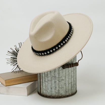 Effortless Style – Wide Brim Fedora Hat with Rhinestones Band