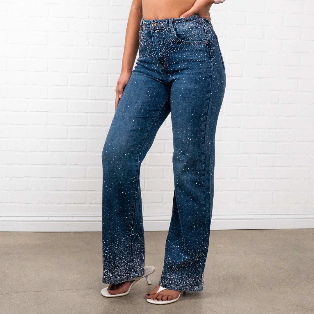 Olivia Rhinestone Straight JEANS – Sparkly High Waisted Denim