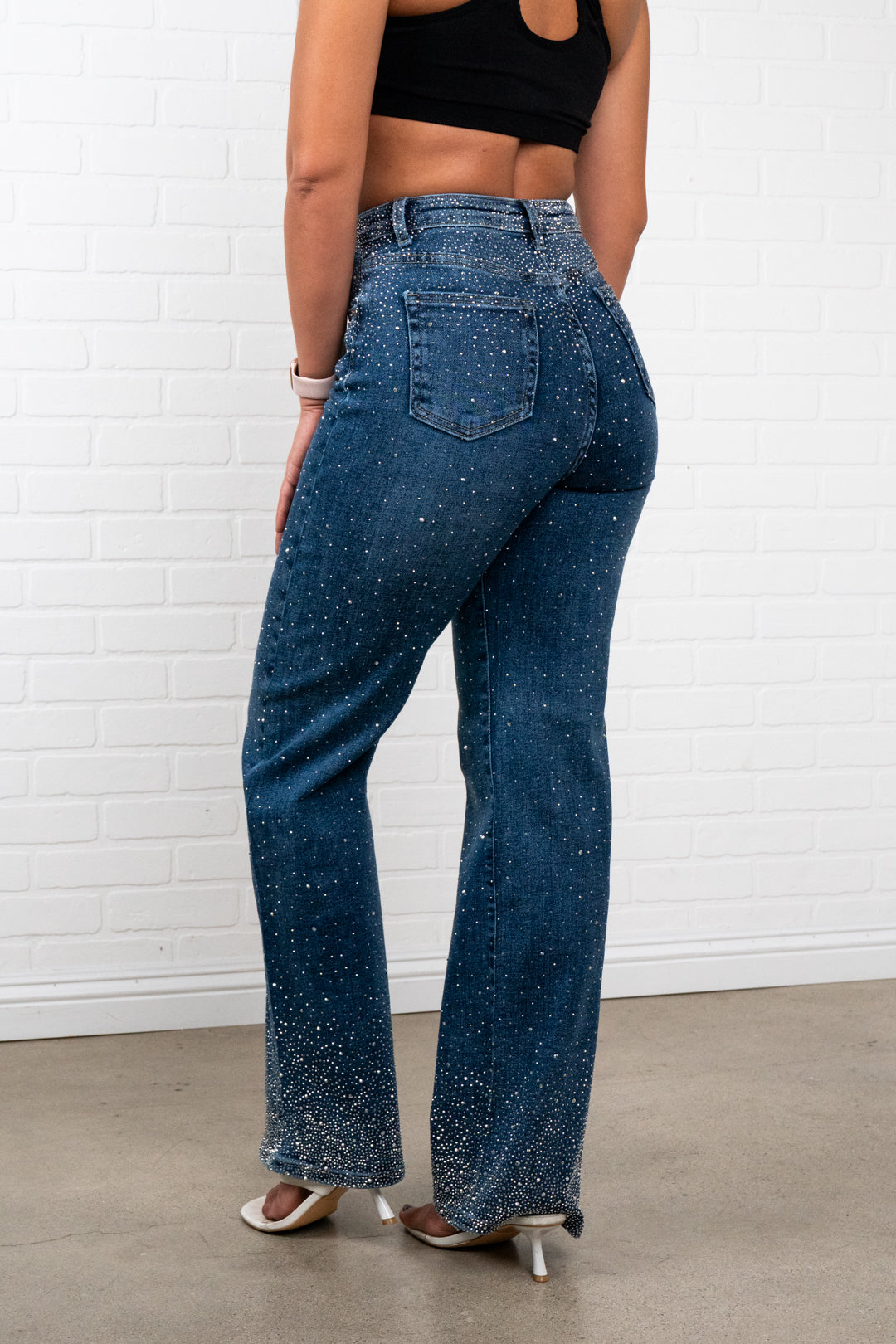 Olivia Rhinestone Straight JEANS – Sparkly High Waisted Denim