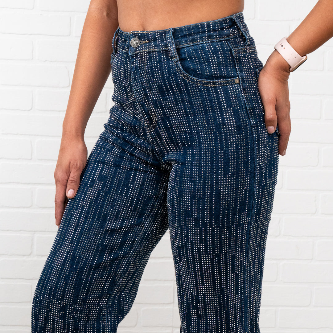 Trinity Rhinestone Straight JEANS – Sparkly High Waisted Denim