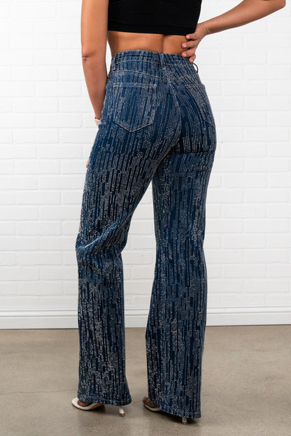 Trinity Rhinestone Straight JEANS – Sparkly High Waisted Denim