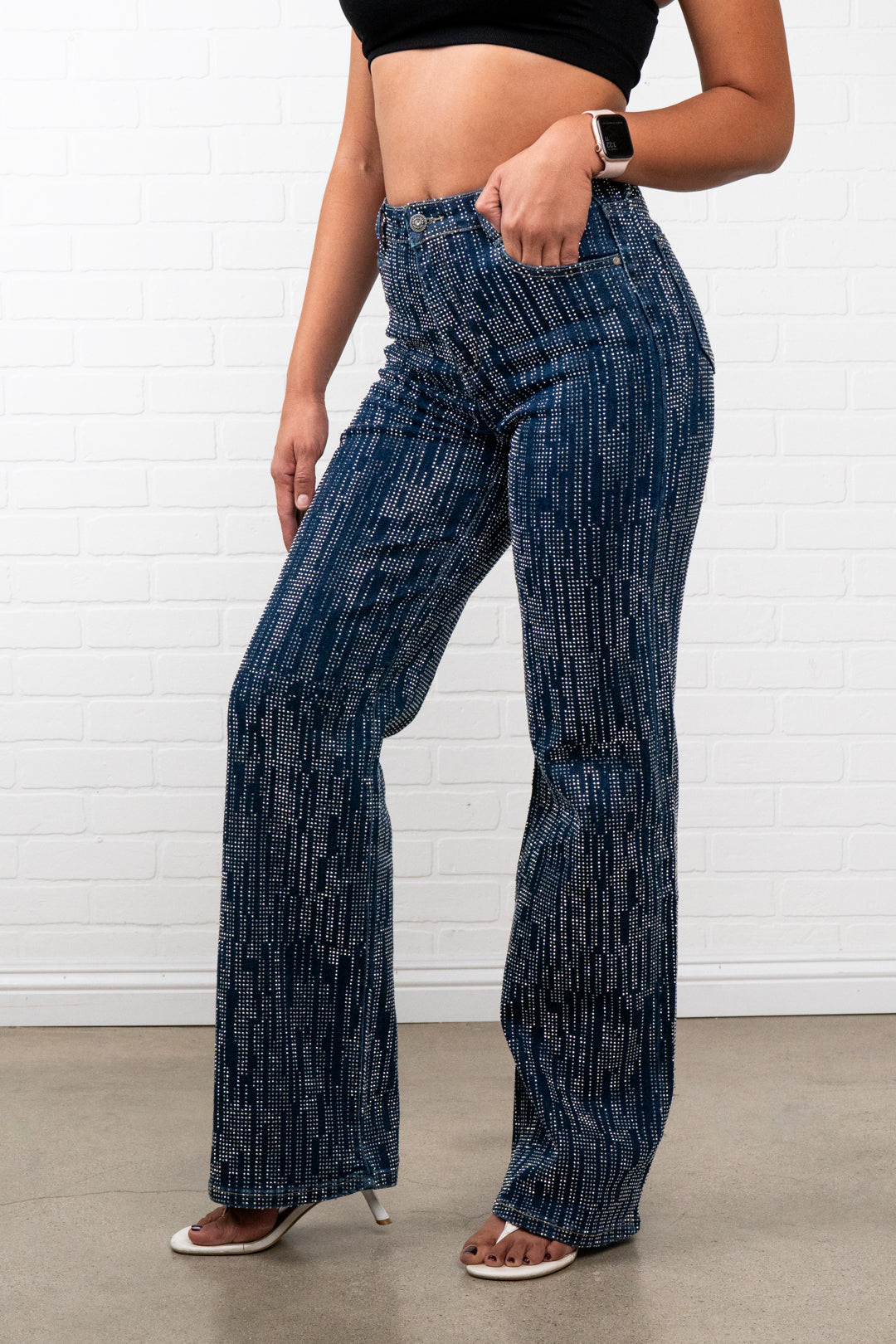 Trinity Rhinestone Straight JEANS – Sparkly High Waisted Denim