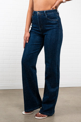 Adaline Rhinestone Straight JEANS – Sparkly High Waisted Denim