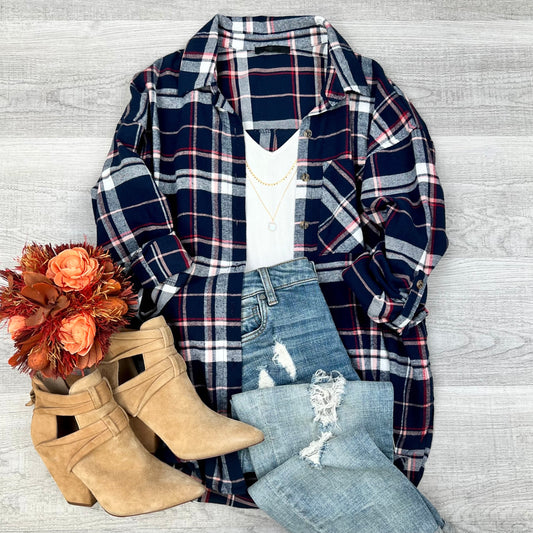 Everyday Casual Oversized Long Sleeve Flannel | Navy
