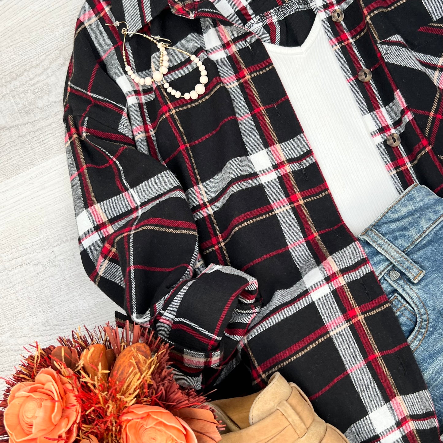 Everyday Casual Oversized Long Sleeve Flannel | Black