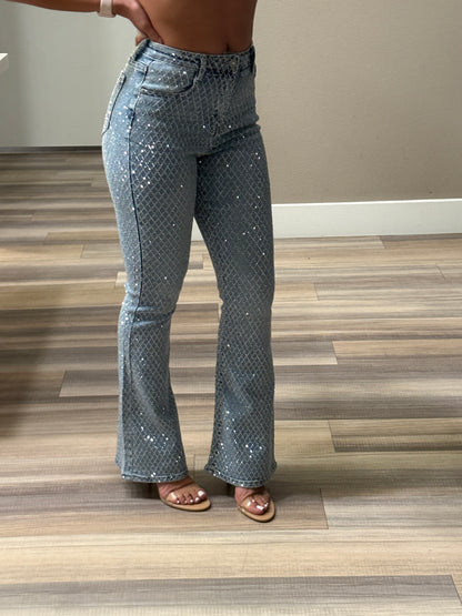 Bella Rhinestone Flair bottom Jeans – Sparkly High Waisted Denim, Boho Western Style