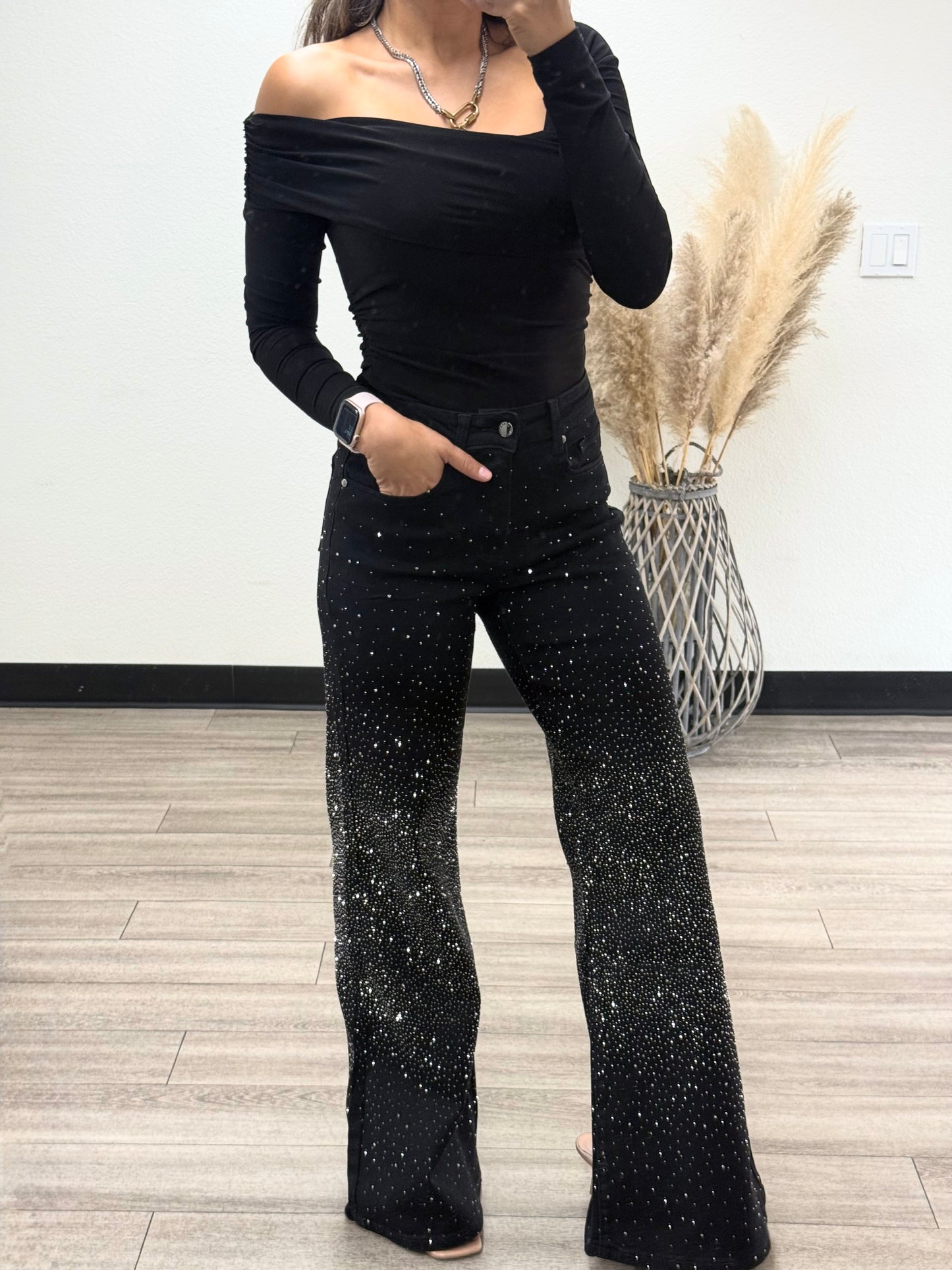 Black Diamond rhinestone high waisted Jeans INSEAM 32"-33"