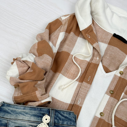 Plaid Hooded Long Sleeve Button Up Flannel | Camel