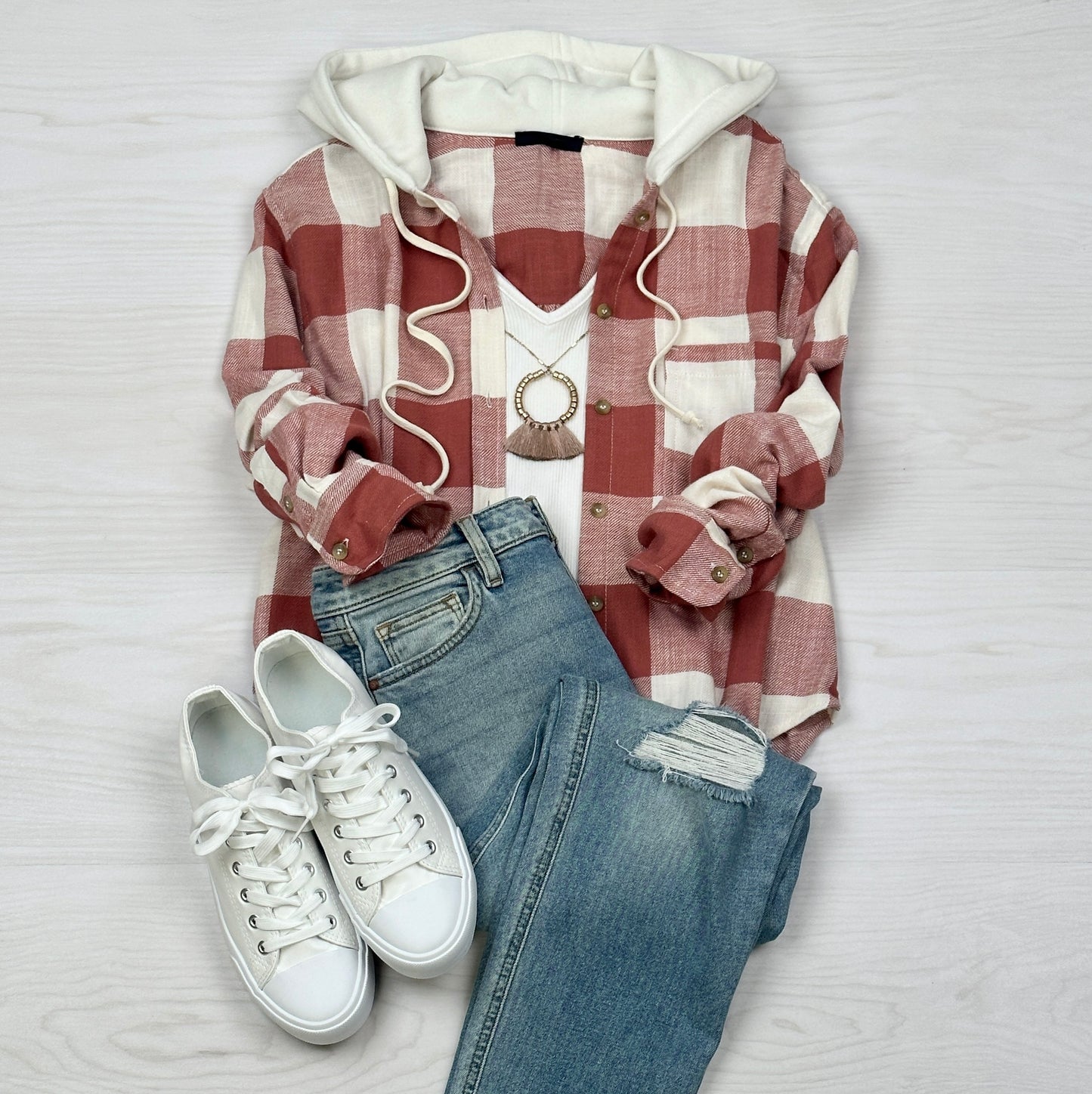 Plaid Hooded Long Sleeve Button Up Flannel | Clay