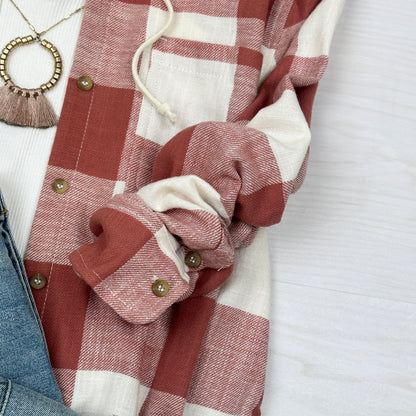 Plaid Hooded Long Sleeve Button Up Flannel | Clay