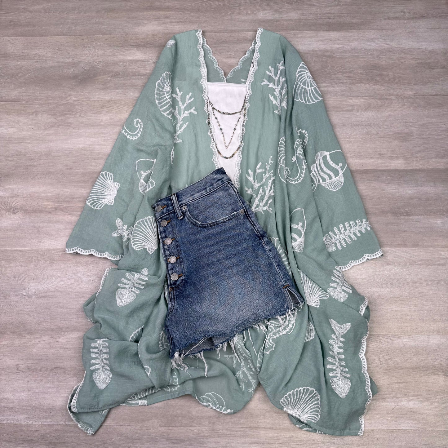 Vallarta Seashell Embroidered Kimono Beach Cover Up