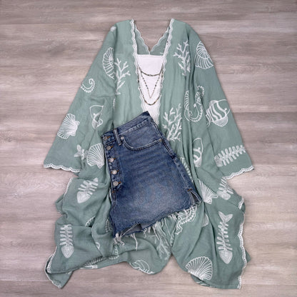 Vallarta Seashell Embroidered Kimono Beach Cover Up