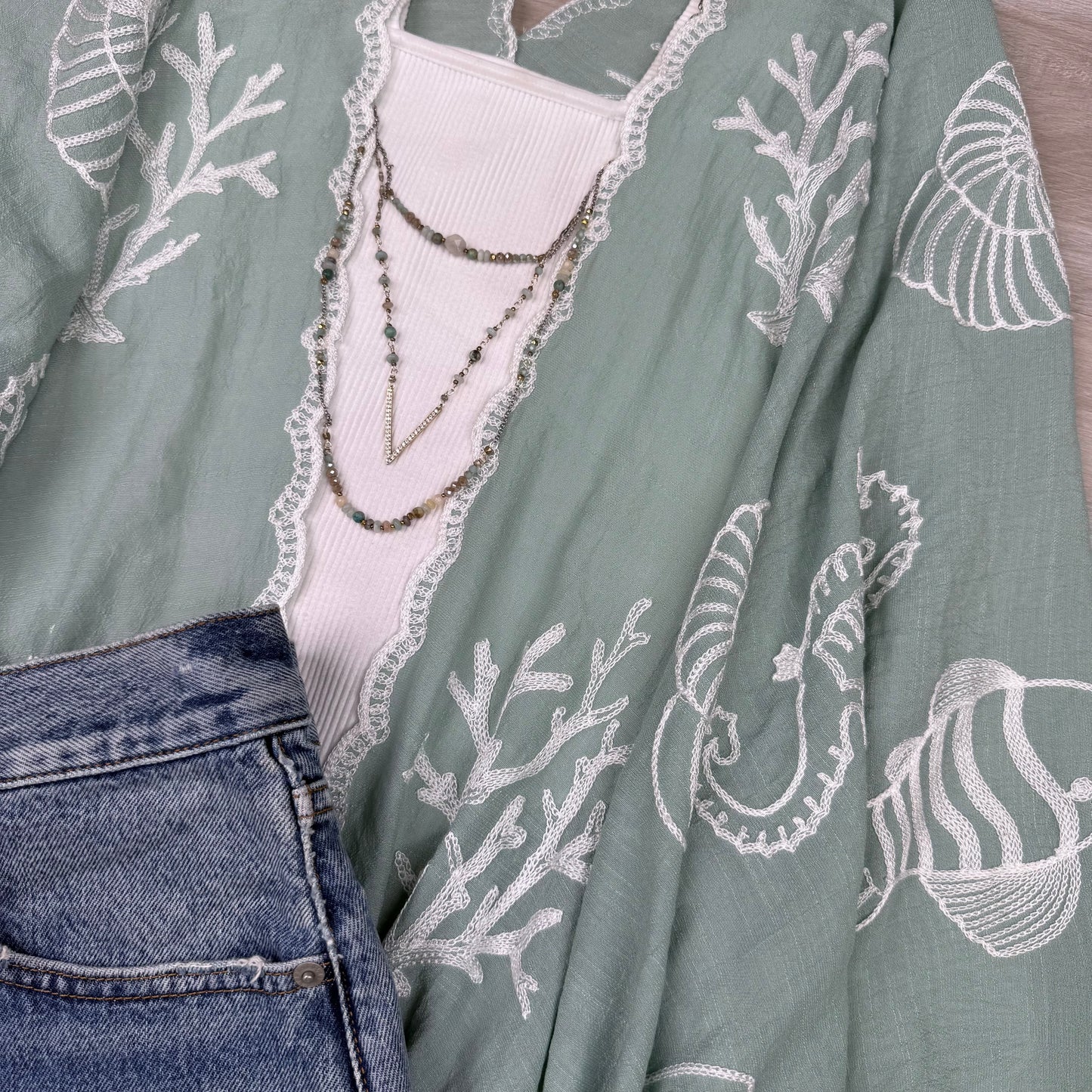 Vallarta Seashell Embroidered Kimono Beach Cover Up