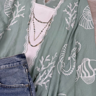Vallarta Seashell Embroidered Kimono Beach Cover Up