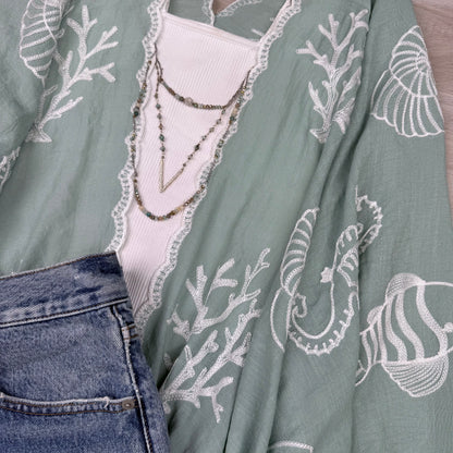 Vallarta Seashell Embroidered Kimono Beach Cover Up