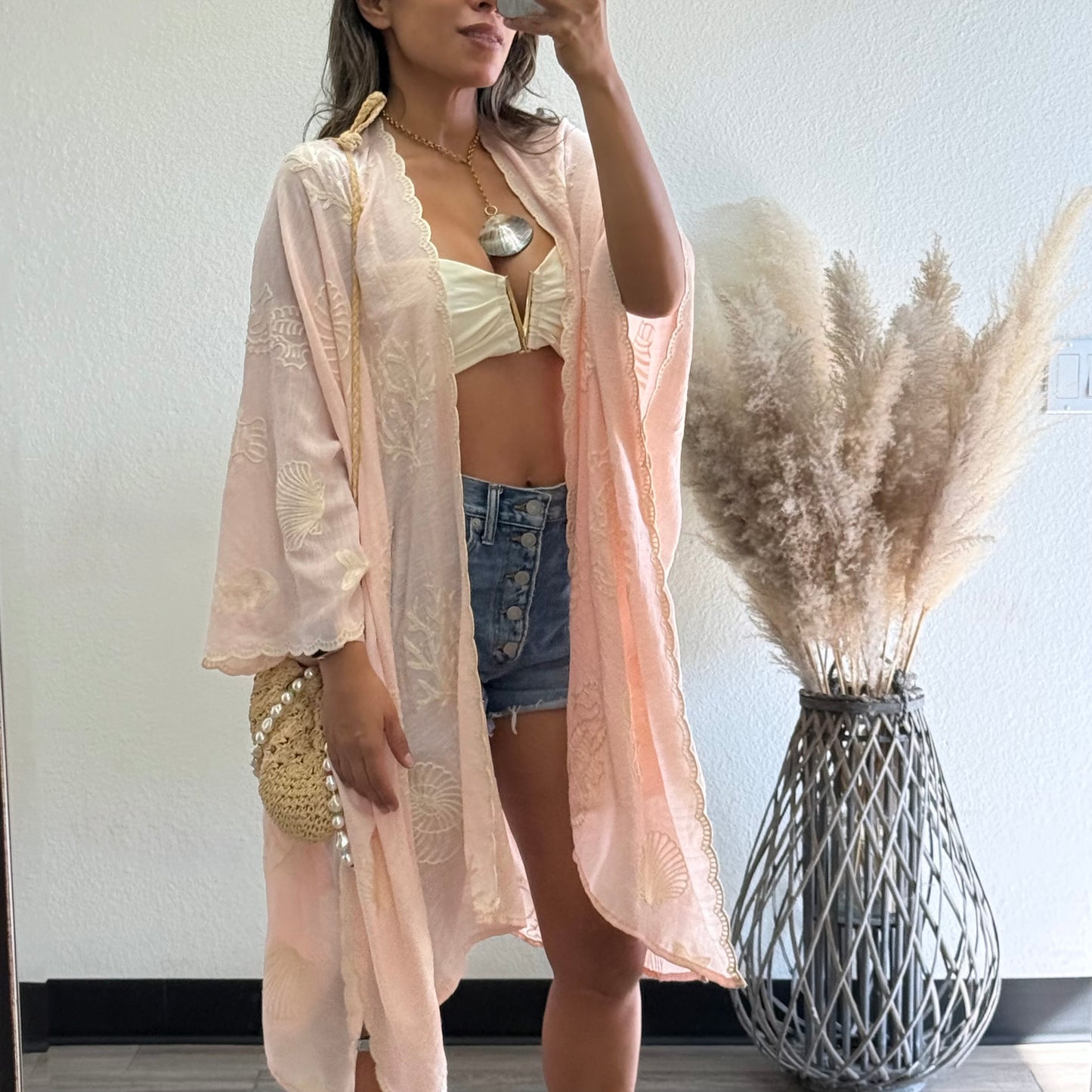Vallarta Seashell Embroidered Kimono Beach Cover Up
