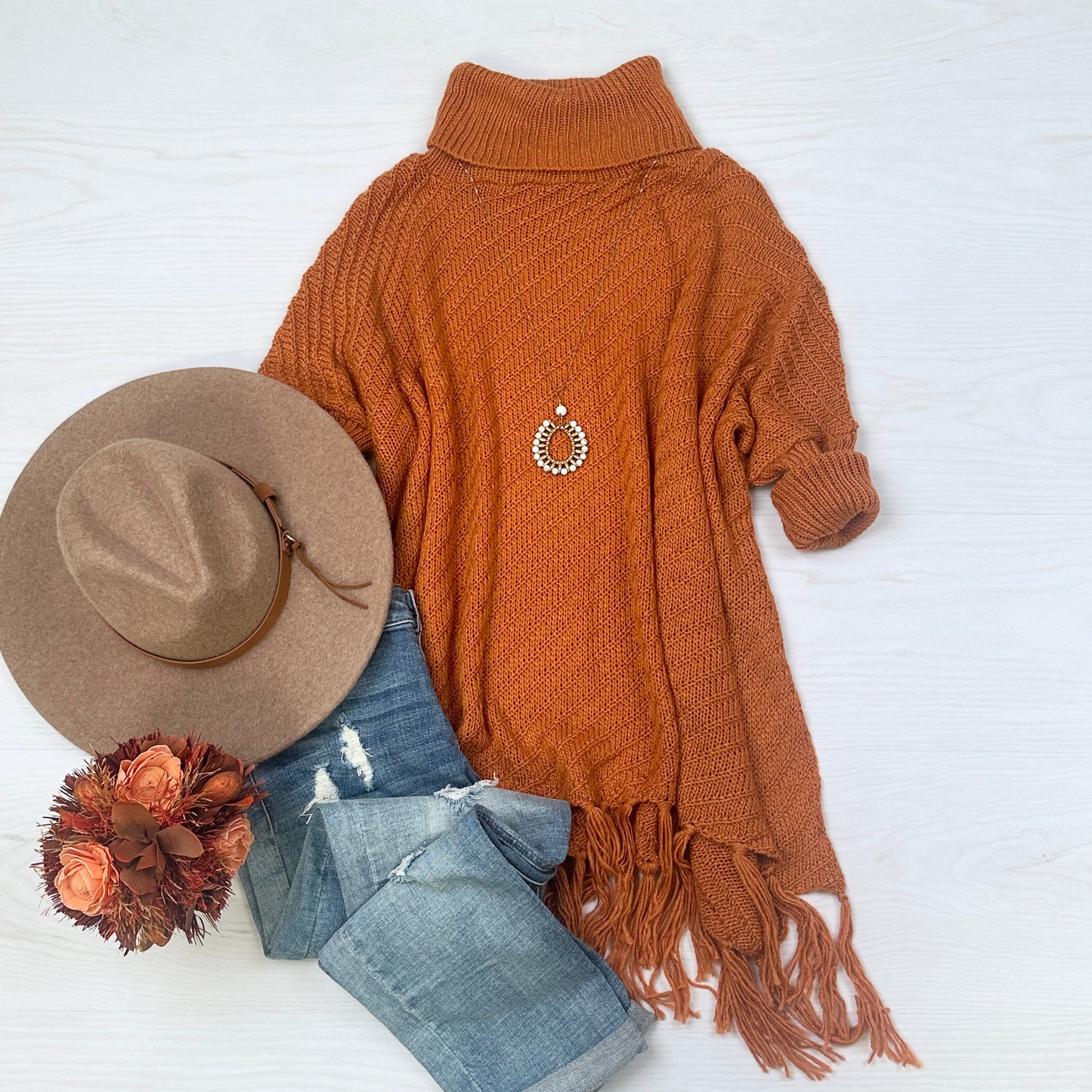 Celina Oversized Turtleneck Fringe Pullover Sweater